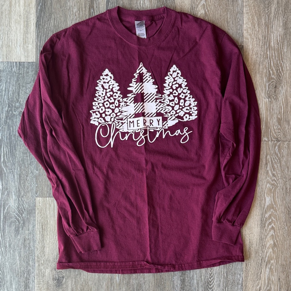 Gildan Burgundy Long Sleeve Christmas Tree Graphic Tee